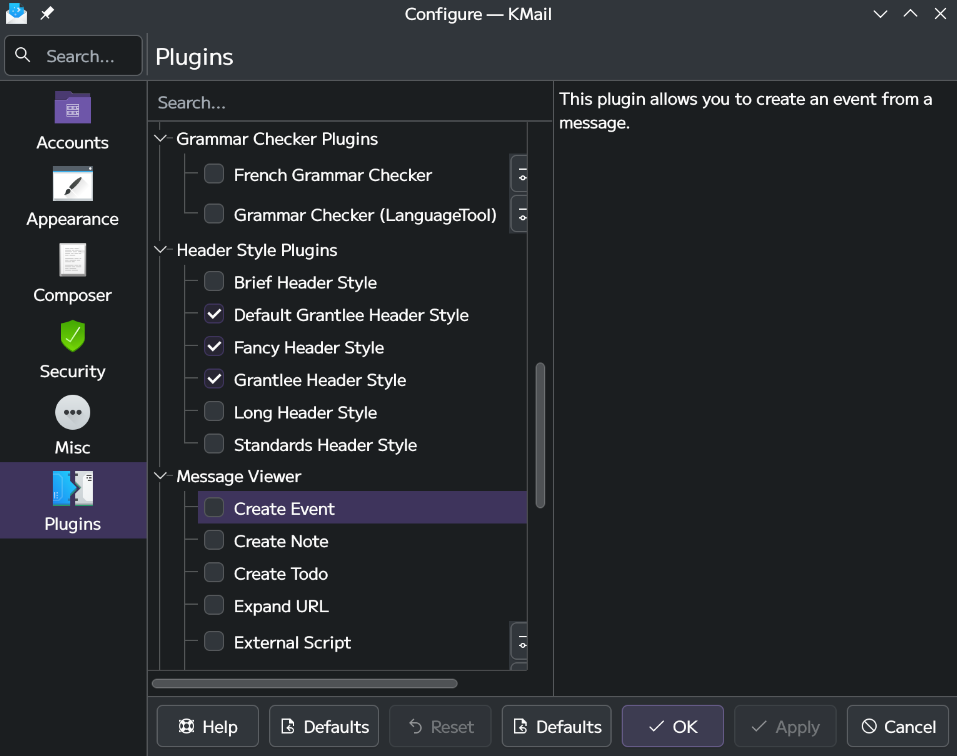 "Configure KMail" dialog, on the Plugins tab. A list of various plugins are displayed.