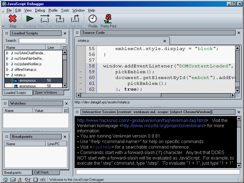 Screenshot of Venkman, saying "Welcome to the JavaScript Debugger".